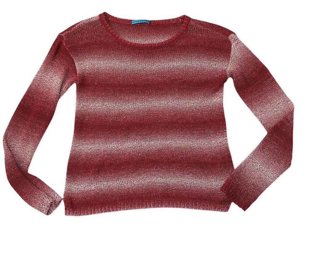 Alice + Olivia Red Cream Mesh Stripe Crewneck Sweater M/L